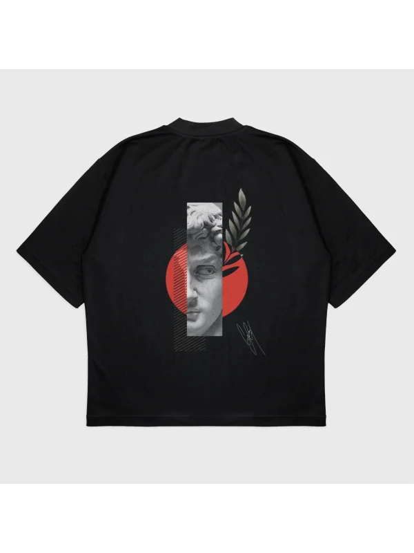 Oversize Flower Statue Baskılı Bisiklet Yaka T-Shırt