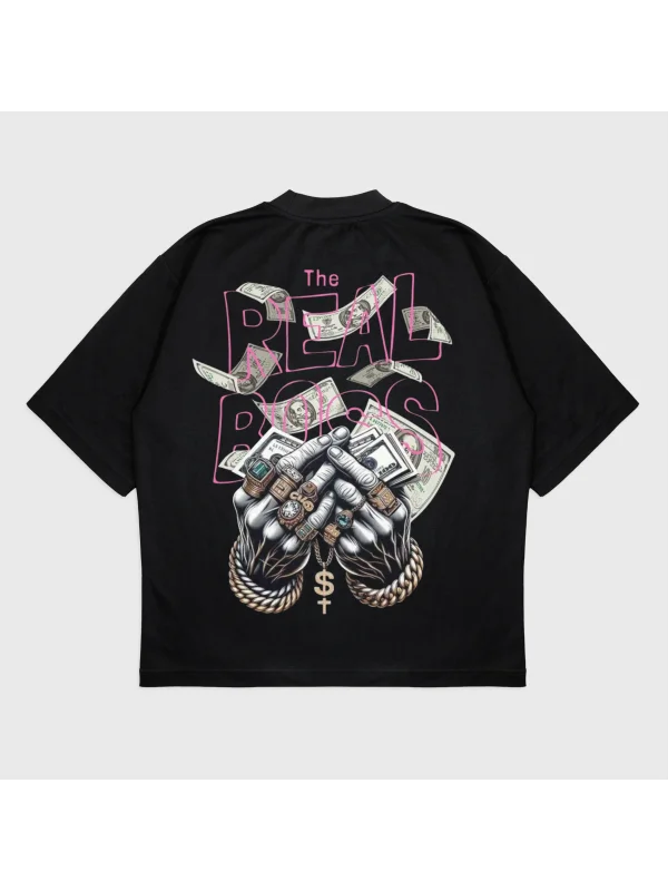 Oversize Cash Money Baskılı Bisiklet Yaka T-Shırt