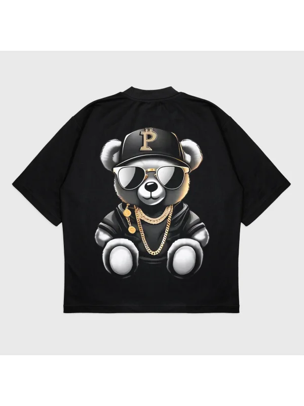 Oversize Gang Bear Baskılı Bisiklet Yaka T-Shırt