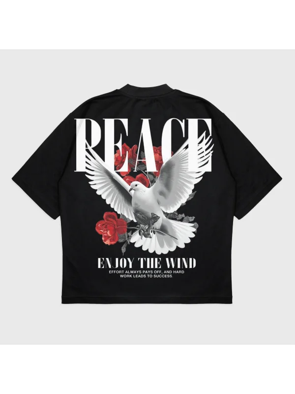 Oversize Peace Baskılı Bisiklet Yaka T-Shırt