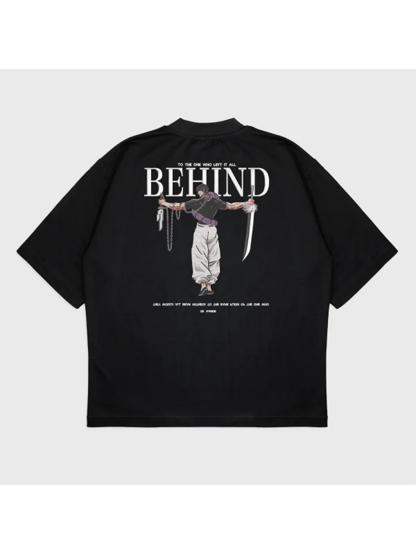 Oversize Behınd Baskılı Bisiklet Yaka T-Shırt