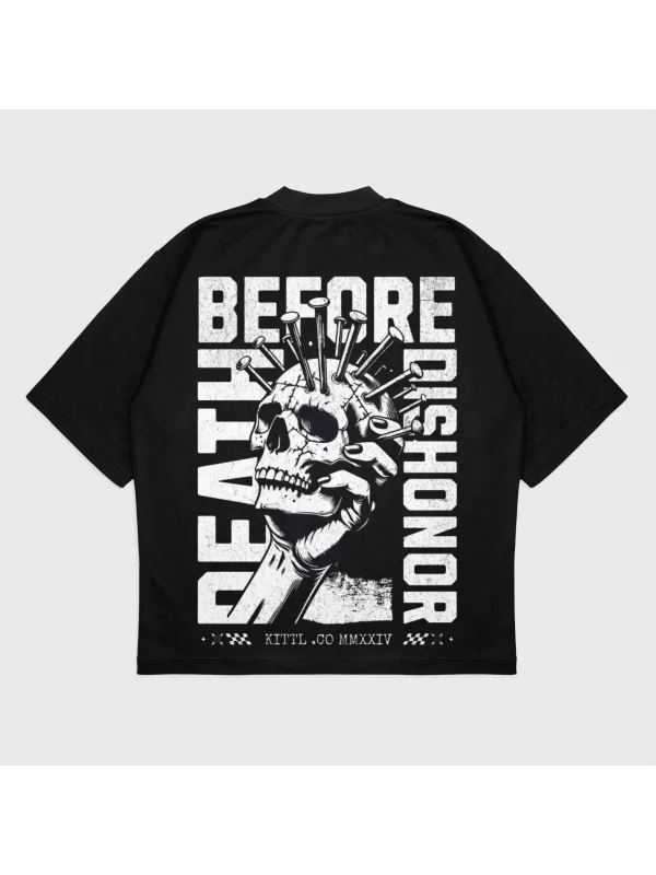 Oversize Death Before Baskılı Bisiklet Yaka T-Shırt
