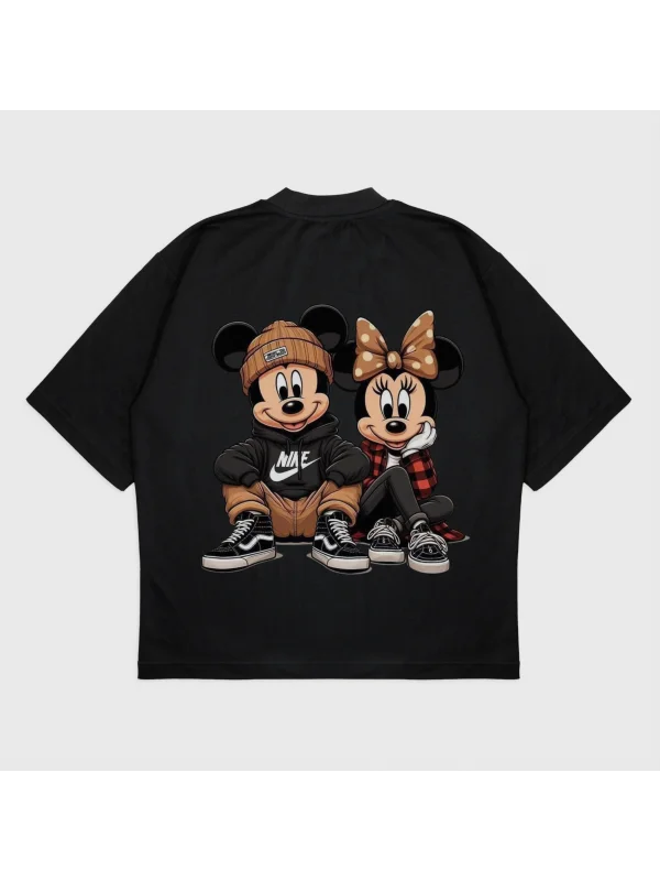 Oversize Mouse Street Couple Baskılı T-Shırt