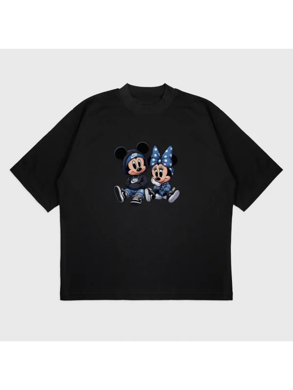 Oversize Mouse Street Couple Baskılı T-Shırt