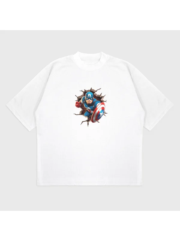 Oversize Captain America Baskılı T-Shırt