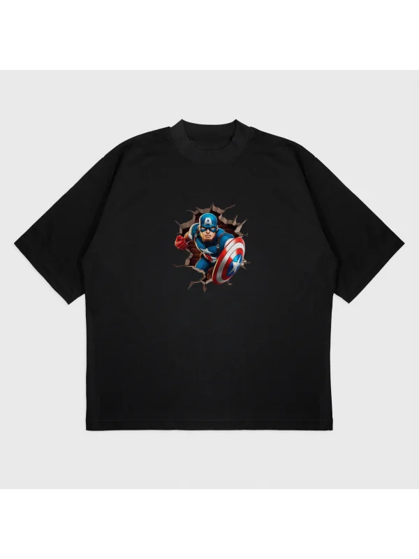 Oversize Captain America Baskılı T-Shırt