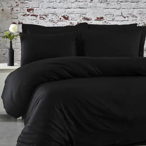 Tek Kişilik Nevresim Takımı – Lastikli Çarşaflı 120x200 cm (+37 cm) – %100 Pamuk | 2 Yastıklı - Siyah