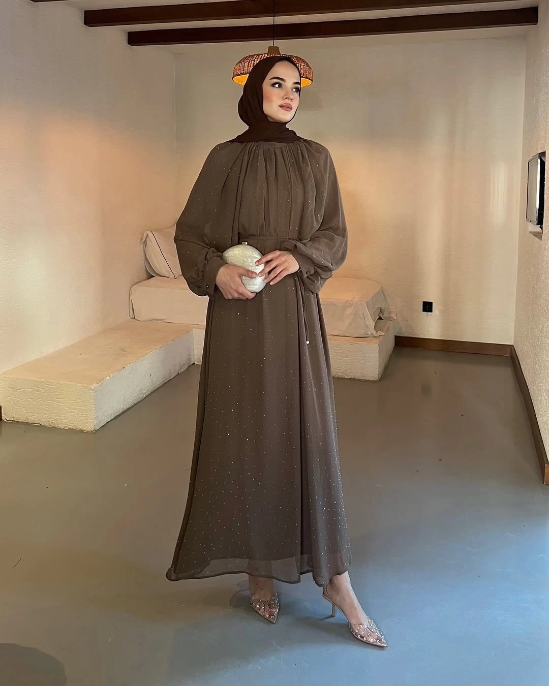 Taşlı Şifon Elbise Cappuccino