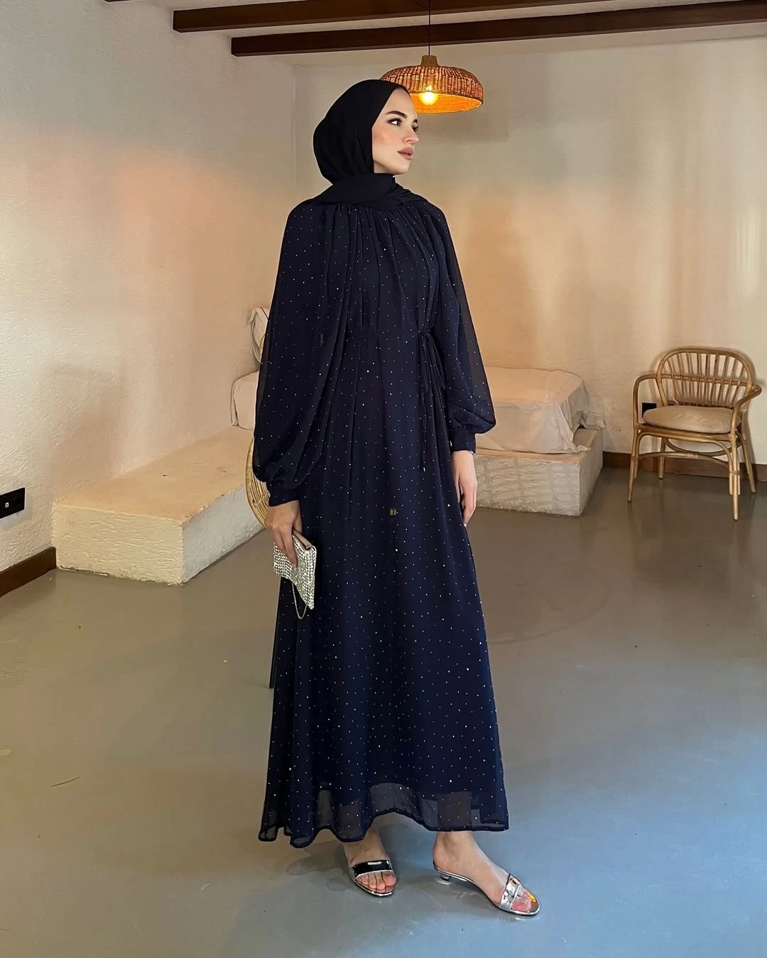 Taşlı Şifon Elbise Lacivert