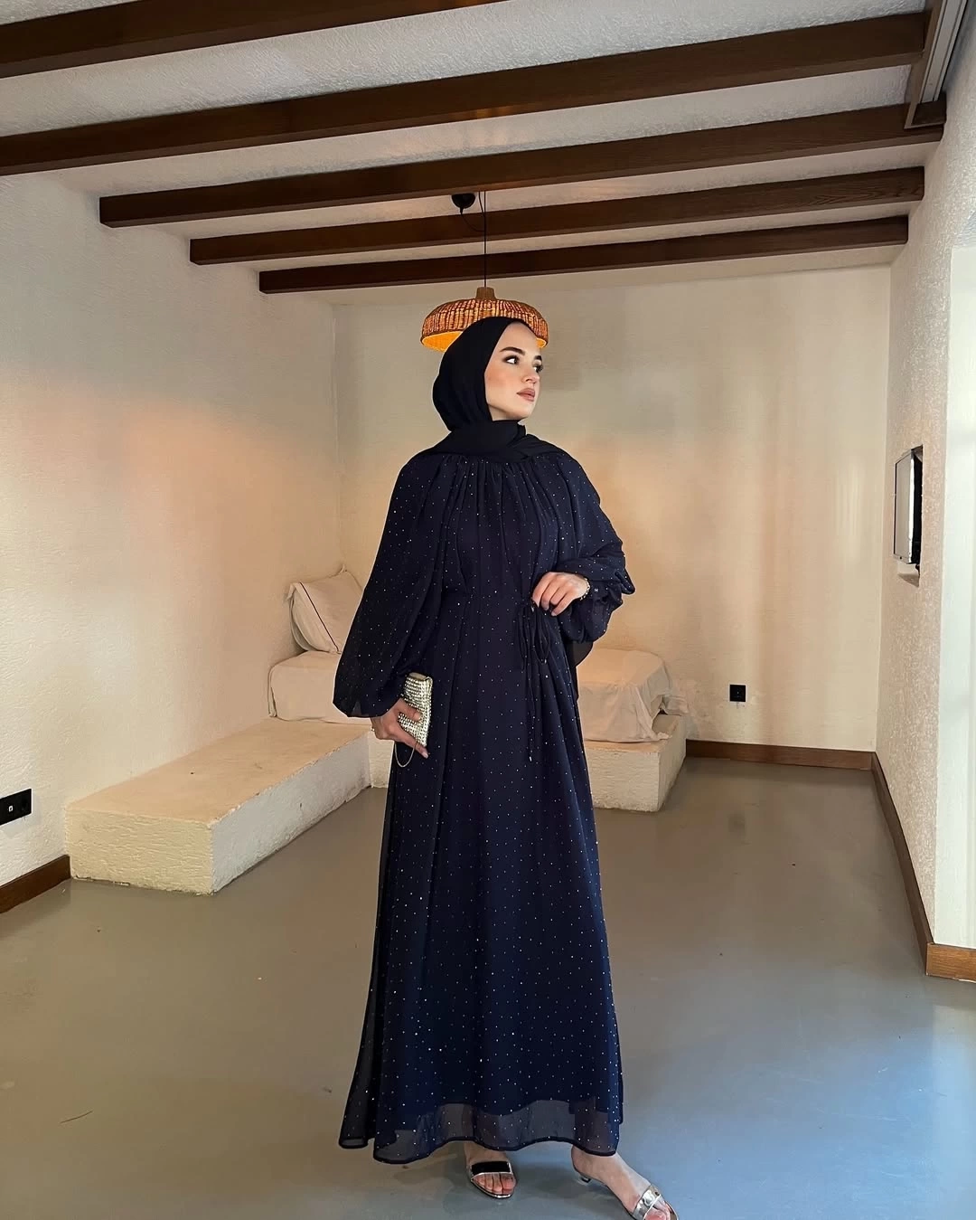Taşlı Şifon Elbise Lacivert