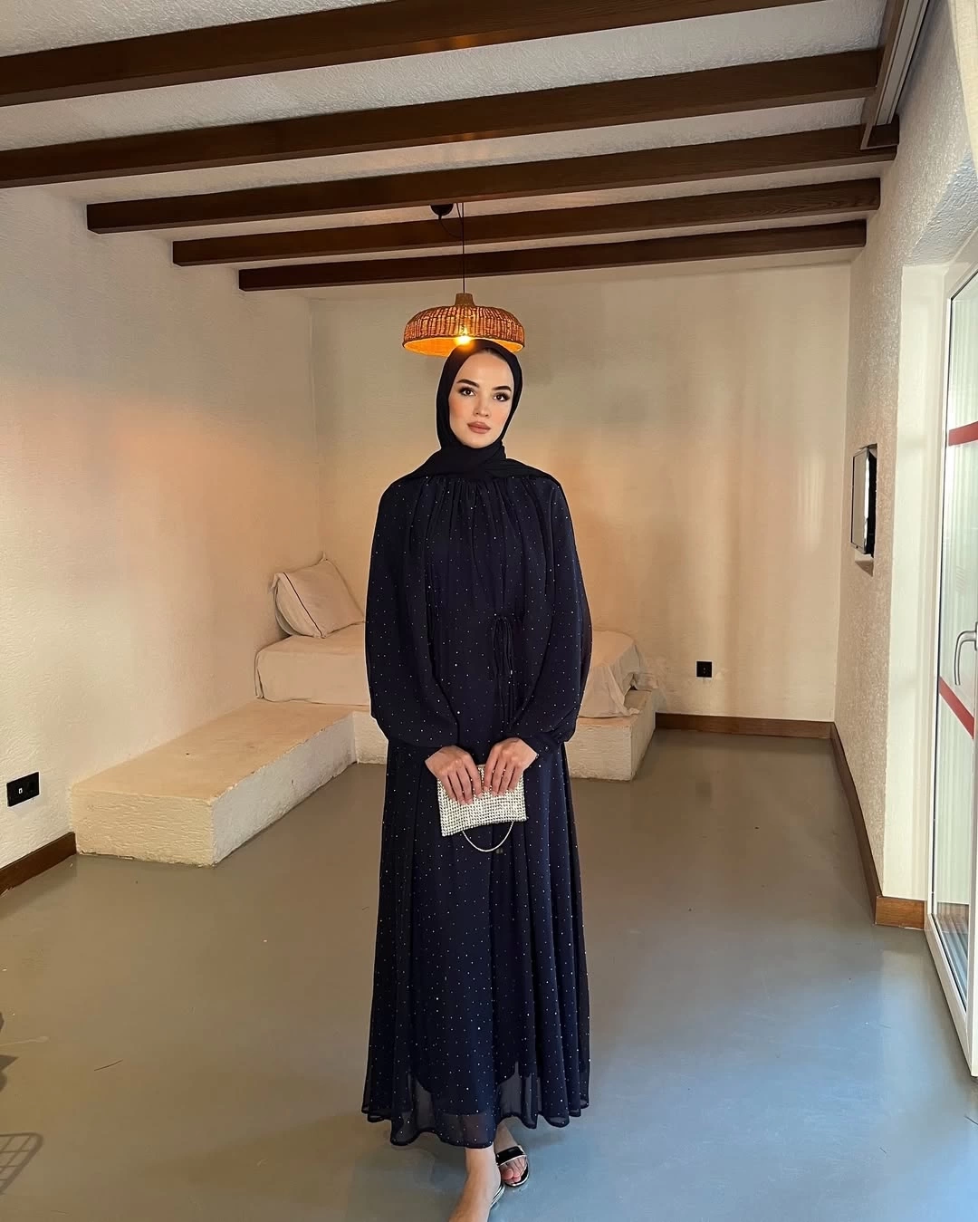 Taşlı Şifon Elbise Lacivert
