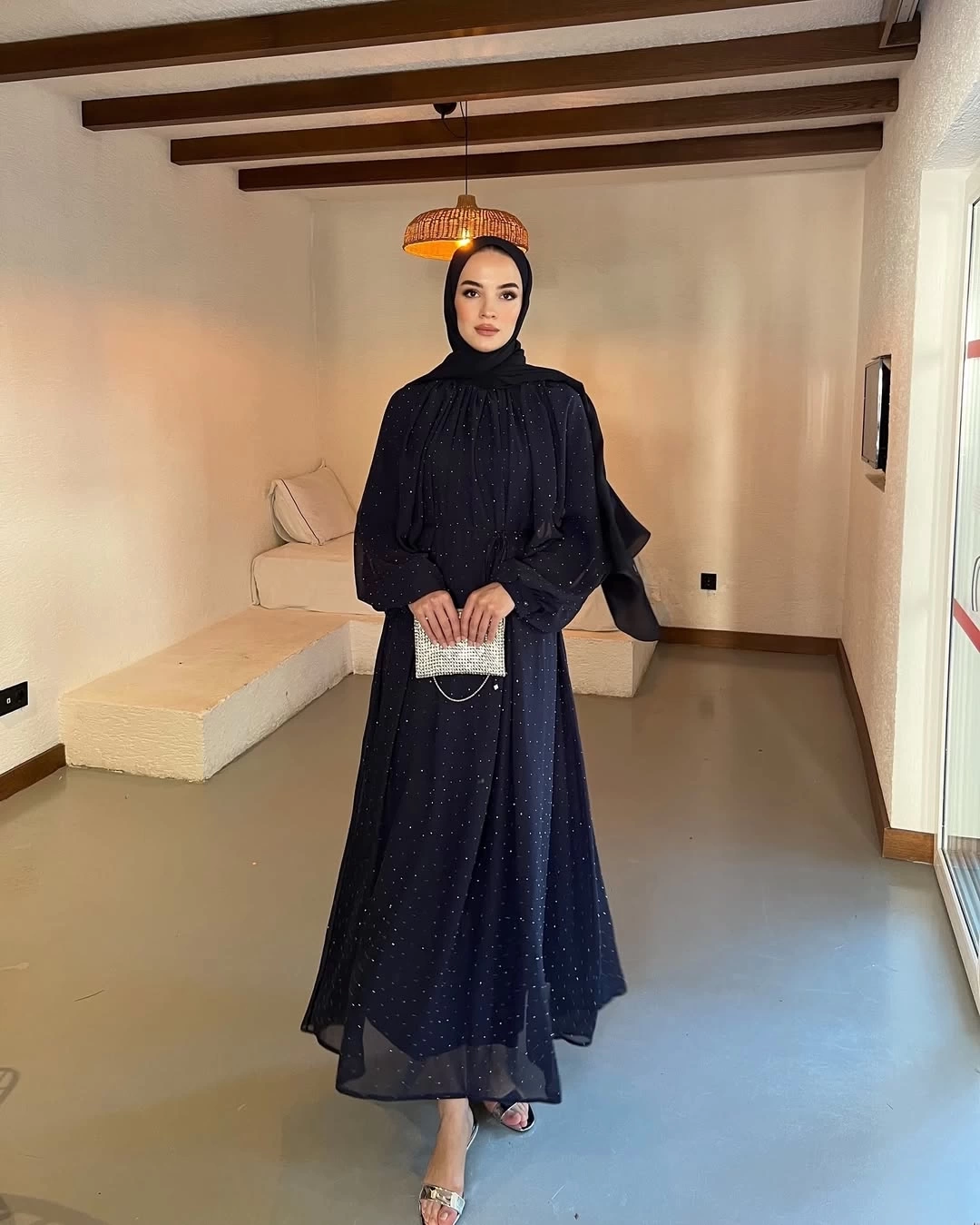 Taşlı Şifon Elbise Lacivert