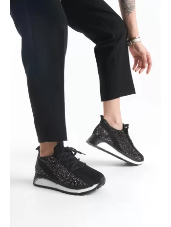 Alya Bağcıklı Ortopedik Taban Taşlı Kadın Sneaker Spor Ayakkabı Bt - Siyah
