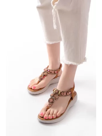 Dm-609 Taba Taşlı Arka Lastikli Parmak Arası Kadın Sandalet
