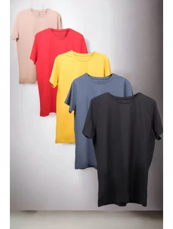 Unisex Rahat Kalıp 5li T-shirt Bej - Kırmızı - Sarı - Antrasit - Siyah