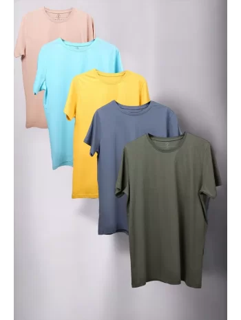 Unisex Rahat Kalıp 5li T-shirt Bej - Turkuaz - Sarı - Antrasit - Haki