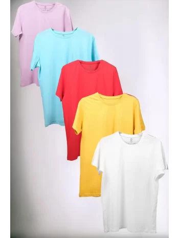Unisex Rahat Kalıp 5li T-shirt Pembe - Turkuaz - Kırmızı - Sarı - Beyaz