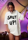 Kadın Penye Compack Beyaz Shut Up Kısa Kol Yazlık Tişört - Beyaz