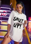 Kadın Penye Compack Beyaz Shut Up Kısa Kol Yazlık Tişört - Beyaz
