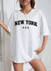 Kadın Penye CompackNew York Baskılı Oversize Kısa Kol Bisiklet Yaka T-shirt - Beyaz