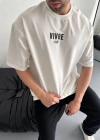 Erkek Baskılı Oversize Bisiklet Yaka T-shirt - Beyaz