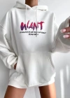 Baskılı Üç İplik Kapüşonlu Oversize Sweatshirt - Beyaz