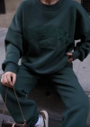 Bisiklet Yaka Nakış İşlemeli Üç İplik Sweat Takım - Yeşil