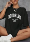 Kadın Brooklyn Harf Baskılı  T-shirt, Rahat Kısa Kollu Bol T-shirt, Kadın Giyim - Siyah