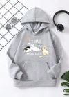 Çocuk Unisex Kapüşonlu Kedicik Baskılı Pamuklu Sweatshirt - Gri