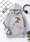 Çocuk Unisex Kapüşonlu Naruto Baskılı Pamuklu Sweatshirt - Gri