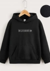 Çocuk Unisex Kapüşonlu Ön ve Arka Blessed Baskılı Sweatshirt - Siyah
