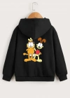Çocuk Unisex Kapüşonlu Ön ve Arka Garfield Baskılı Sweatshirt - Siyah