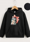 Çocuk Unisex Kapüşonlu Tatlı Kedi Baskılı Sweatshirt - Siyah