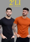 Erkek 2li Bisiklet Yaka Tişört – Kısa Kollu Yazlık Slim Fit Body - Siyah & Turuncu