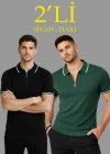 Erkek 2’li Paket Dokuma Triko Fermuarlı Yakalı Fitilli Kısa Kollu Regular - Haki & Siyah
