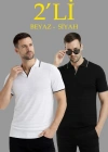 Erkek 2’li Paket Triko Yakalı Düğmesiz Açık Yaka Fitilli Kısa Kollu - Beyaz & Siyah