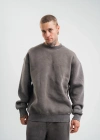 Erkek 3 İplik Pamuklu Yağ Yıkamalı Sweatshirt Double Oversize Bisiklet Yaka Uzun - Füme