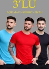 Erkek 3lü Bisiklet Yaka Tişört – Kısa Kollu Yazlık Slim Fit Body - Siyah, Kırmızı, Açık Mavi