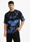 Erkek Asit Yıkamalı Oversize Tişört Mavi Kelebek Baskılı Dijital Print Bisiklet - Siyah