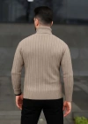 Erkek Balıkcı Yaka Bağazlı Triko Kazak Pamuklu Kalın Fitilli Dokuma Regular Fit Uzun - Bej