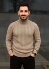 Erkek Balıkcı Yaka Bağazlı Triko Kazak Pamuklu Kalın Fitilli Dokuma Regular Fit Uzun - Bej