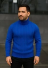 Erkek Balıkcı Yaka Bağazlı Triko Kazak Pamuklu Kalın Fitilli Dokuma Regular - Saks Mavisi