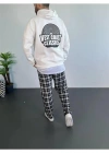 Erkek Baskılı Üç İplik Kapüşonlu Oversize Sweatshirt - Beyaz