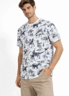 Erkek Beyaz Dinozor Desenli Tişört Regular Fit Bisiklet Yaka Dijital Baskılı - Beyaz