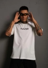 Erkek Bisiklet Yakalı Sırt Baskılı Oversize T-Shirt - Beyaz