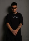 Erkek Bisiklet Yakalı Sırt Baskılı Oversize T-Shirt - Siyah