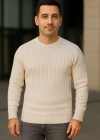 Erkek Bisiklet Yuvarlak Yaka Triko Kazak Pamuklu Kalın Fitilli Dokuma Regular Fit - Bej