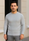 Erkek Bisiklet Yuvarlak Yaka Triko Kazak Pamuklu Kalın Fitilli Dokuma Regular Fit - Gri