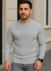 Erkek Bisiklet Yuvarlak Yaka Triko Kazak Pamuklu Kalın Fitilli Dokuma Regular Fit - Gri