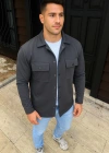 Erkek Diagonal Kumaş Cepli Çıtçıtlı uzun Kollu, Gömlek Oversize Rahat Kalıp Günlük Şık Stil - Füme